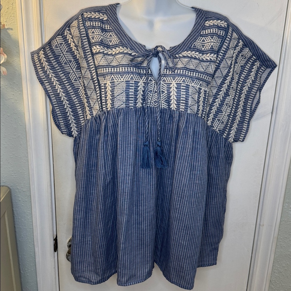 NWT Savanna Jane Blue & White Embroidered Women's Top Size 2X